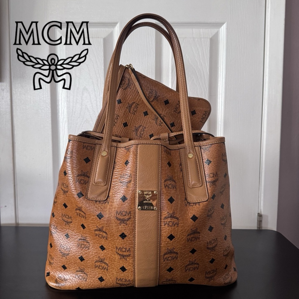 Authentic MCM Liz Medium Reverisble Tote Bag Cognac Visetos Logo